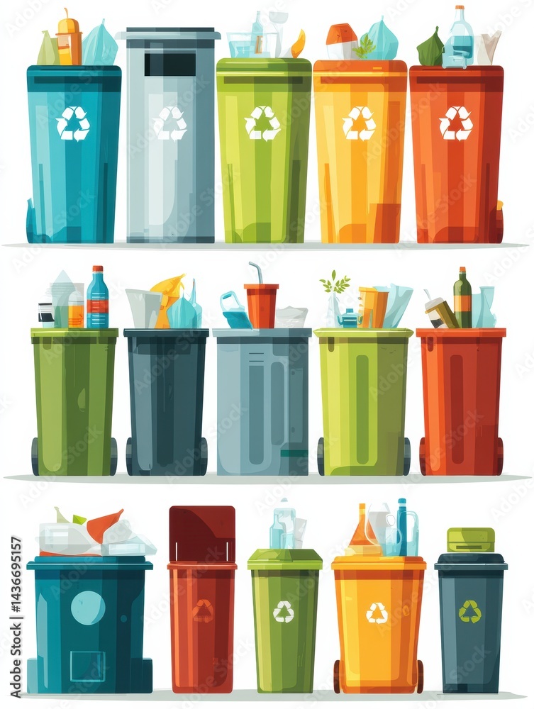 Aufkleber Flat Illustration Showcasing a Variety of Color-Coded Trash Bins Designed for Different Recycling Categories Arranged in a Systematic Manner