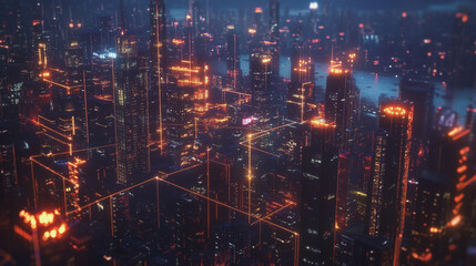 Fototapeta premium Night lights, a city of modern business and smart digital innovation with a network of interconnected rewards over the cityscape of the future smart wireless digital city and social media network that