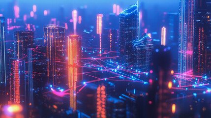 Night lights, a city of modern business and smart digital innovation with a network of interconnected rewards over the cityscape of the future smart wireless digital city and social media network that