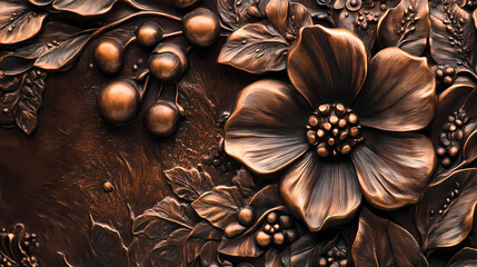 Bronze floral relief sculpture with intricate details and a touch of elegance, ideal for backgrounds. Bloom Forge. Illustration