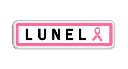 Panneau de sortie de Lunel, Hérault, Occitanie avec Ruban Octobre Rose