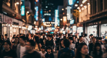 People Walking on Crowded City Street at Night with Blurred Motion