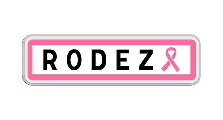 Panneau de sortie de Rodez, Aveyron, Occitanie avec Ruban Octobre Rose