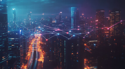 Night lights, a city of modern business and smart digital innovation with a network of interconnected rewards over the cityscape of the future smart wireless digital city and social media network that