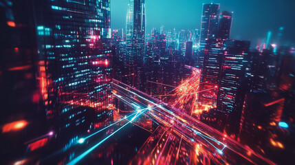 Fototapeta premium Night lights, a city of modern business and smart digital innovation with a network of interconnected rewards over the cityscape of the future smart wireless digital city and social media network that