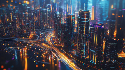 Obraz premium Night lights, a city of modern business and smart digital innovation with a network of interconnected rewards over the cityscape of the future smart wireless digital city and social media network that