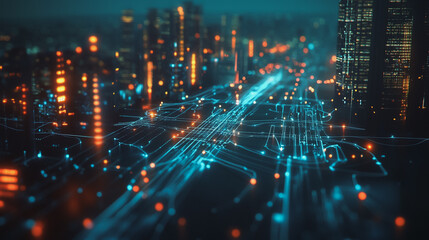 Fototapeta premium Night lights, a city of modern business and smart digital innovation with a network of interconnected rewards over the cityscape of the future smart wireless digital city and social media network that