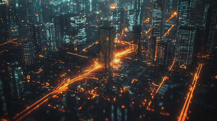 Fototapeta premium Night lights, a city of modern business and smart digital innovation with a network of interconnected rewards over the cityscape of the future smart wireless digital city and social media network that