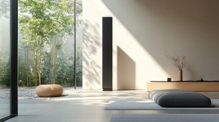 Serene Minimalist Interior Design with Zen Garden View
