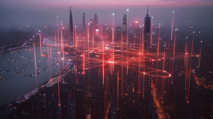Night lights, a city of modern business and smart digital innovation with a network of interconnected rewards over the cityscape of the future smart wireless digital city and social media network that