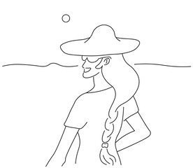 female in hat on simple landscape in doodle style. Template for background, wallpaper, banner, backdrop, decoration