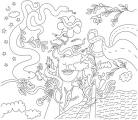 abstract spring and plants illustration in linear doodle style. Template for background, wallpaper, banner, backdrop, decoration