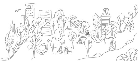 simple horizontal city parkland landscape in linear doodle style. Template for background, wallpaper, banner, backdrop, decoration