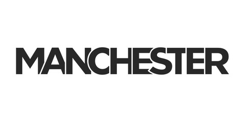 Manchester city in the United Kingdom design features a geometric style illustration with bold typography in a modern font on white background.