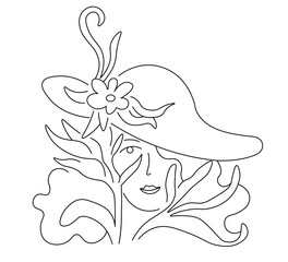 female with blooming flowers in linear doodle style in vector. Element for poster sticker design logo decoration prints postcards