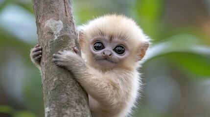Naklejka premium Adorable baby monkey clinging to tree trunk
