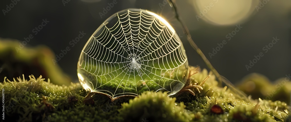 Wall mural macro shot of dewdrop reflections on soft moss strands with delicate spider web glowing in dawn ligh