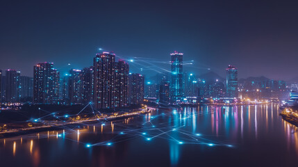 Night lights, a city of modern business and smart digital innovation with a network of interconnected rewards over the cityscape of the future smart wireless digital city and social media network that