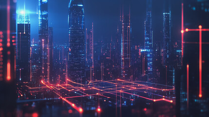 Fototapeta premium Night lights, a city of modern business and smart digital innovation with a network of interconnected rewards over the cityscape of the future smart wireless digital city and social media network that