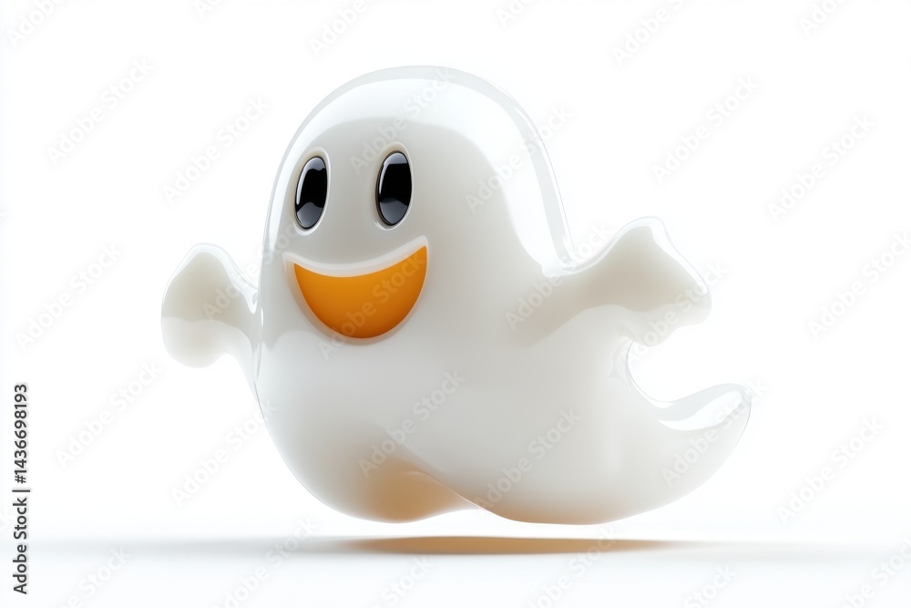 Poster friendly cartoon ghost floating in a cheerful manner against a bright white background during a play