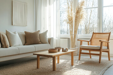 Fototapeta premium Cozy living room corner with neutral sofa, wooden armchair, textured rug, and natural light in a minimalist design