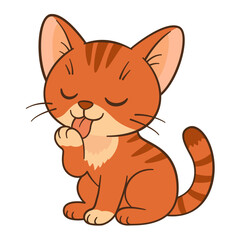 Red cat sits and licks paw. Cute ginger tabby kitten. Flat style Chibi cat clean, simple design. Perfect for children’s content, greeting cards, stickers, tshirts, mug and posters Vector illustration