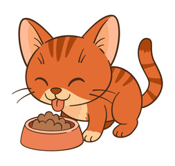 Red cat eats from a bowl. Cute ginger tabby kitten. Flat style Chibi cat clean, simple design. Perfect for children’s content, greeting cards, stickers, tshirts, mug and posters Vector illustration 