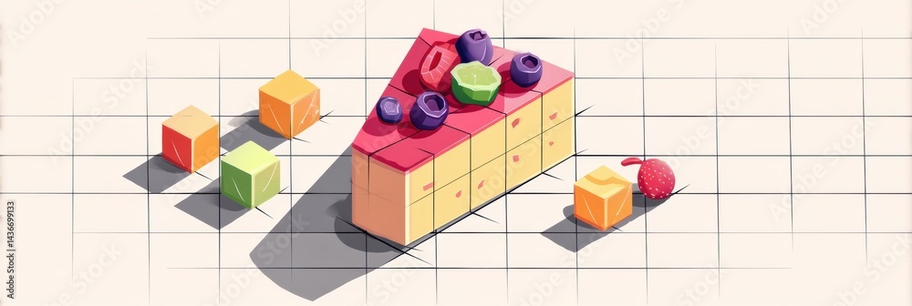 Poster Isometric Cake Slice Adorned With Colorful Fruit Cubes and Shadow Elements on a Grid Background