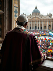 Pope of the Catholic Church looking out the window in St. Peter's Square, Vatican