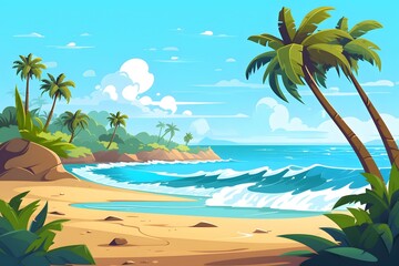 Obraz premium Beach Scenery Illustration Wallpaper, Beach Landscape, Beach Scenery Painting, Beach Wallpaper, Beach Background, Beach Wall Art, Tropical Beach Landscape, Summer Beach Scene, Ocean Illustration