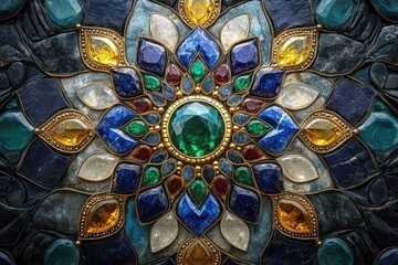 Fototapeta premium Intricate mandala design featuring a vibrant array of gemstones, showcasing rich colors and meticulous craftsmanship.