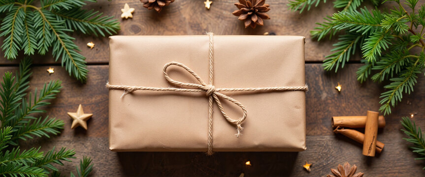 Eco-friendly gift wrapped in kraft paper with twine and pine, sustainability