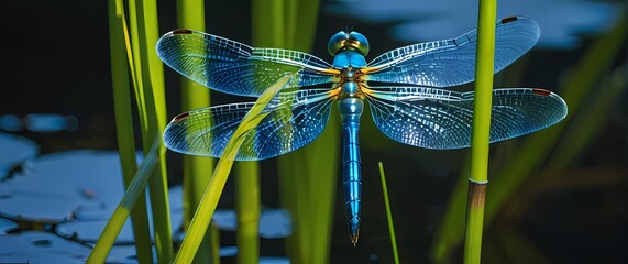 Macro photo of iridescent blue dragonfly perched elegantly on slender green reeds by quiet stream