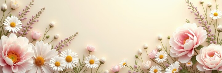 Obraz premium Celebrate mother's day with a vibrant floral arrangement featuring delicate pink roses and cheerful daisies set against a soft, neutral background.