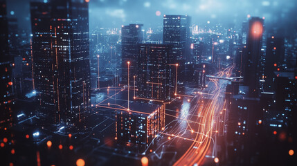 Fototapeta premium Night lights, a city of modern business and smart digital innovation with a network of interconnected rewards over the cityscape of the future smart wireless digital city and social media network that