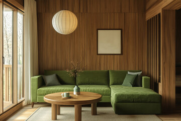 Fototapeta premium Cozy living room with green sofa, wood paneling, natural light, and earthy tones creating a serene and rustic atmosphere