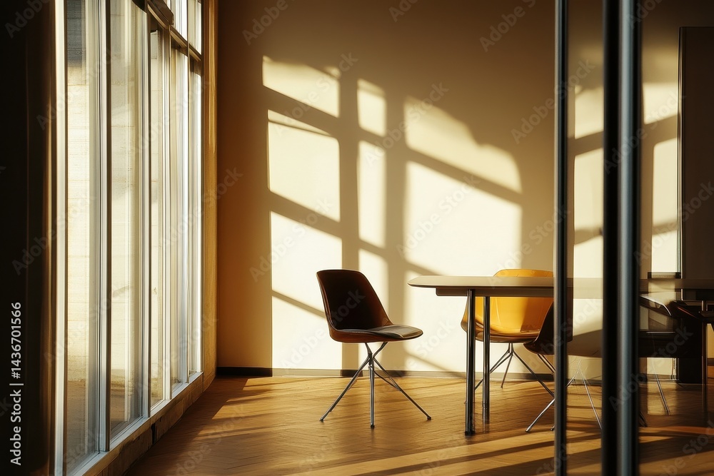 Poster Sunlight streams through large windows, casting dynamic shadows in a cozy interior space with chairs and a table in the late afternoon
