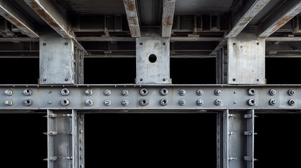 Galvanized steel pillars, beams, and bolts form a new precast steel structure.  The design is detailed against a black backdrop.
 