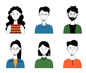 Set of Colorful Cartoon People Avatars, Diverse Character Portraits, Flat Design