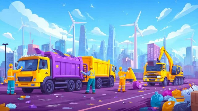 Cityscape with garbage trucks and excavators being cleaned by workers. Clean energy background with turbines, garbage bags, waste