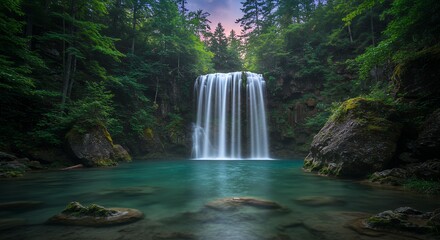 Obraz premium Waterfall Cascading into Turquoise Pool in Lush Forest Setting at Dusk