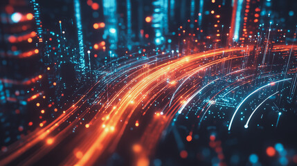 Fototapeta premium Night lights, a city of modern business and smart digital innovation with a network of interconnected rewards over the cityscape of the future smart wireless digital city and social media network that