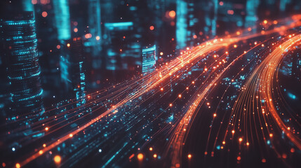 Fototapeta premium Night lights, a city of modern business and smart digital innovation with a network of interconnected rewards over the cityscape of the future smart wireless digital city and social media network that