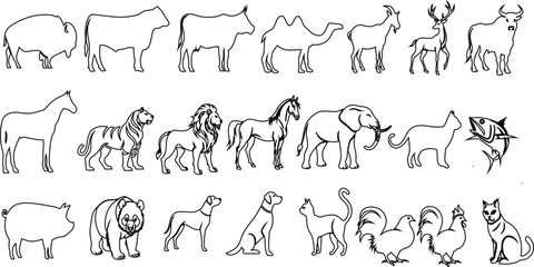 Animal outline set pets and wildlife with cat, dog, lion, tiger, hen, cow, elephant, panda, fish, horse, camel, and more. Vector collection isolated on white.