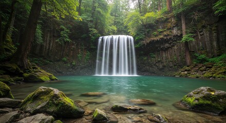 Obraz premium Waterfall Flowing into Turquoise Pool surrounded by Green Forest Trees