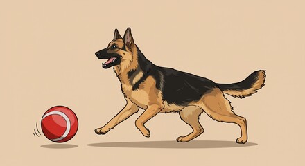 Playful German Shepherd Dog Running with Red Ball Canine Pet Illustration