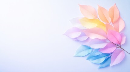 Fototapeta premium Colorful paper leaves arranged in a fan shape on a soft pastel background, creating a serene and artistic composition, and minimalistic design concept.