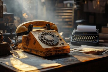A vintage yellow rotary phone and typewriter sit on a wooden desk, bathed in sunlight, evoking a nostalgic atmosphere.