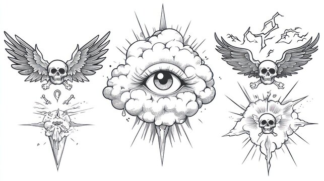 Mystical tattoo flash sheet art featuring skulls and clouds; concept design use