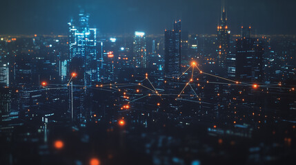 Obraz premium Night lights, a city of modern business and smart digital innovation with a network of interconnected rewards over the cityscape of the future smart wireless digital city and social media network that